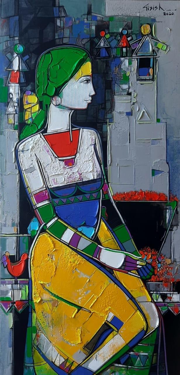 Figurative acrylic painting titled 'Untitled 37', 46x24 inches, by artist Girish Adannavar on Canvas