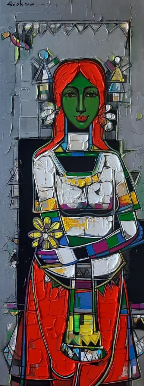 Figurative acrylic painting titled 'Untitled 38', 48x18 inches, by artist Girish Adannavar on Canvas
