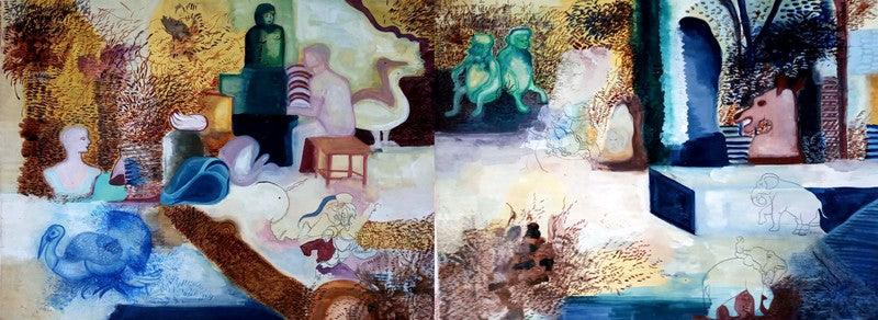 Figurative mixed media painting titled 'Untitled 4', 24x60 inches, by artist Krishnal Fulwala on Paper