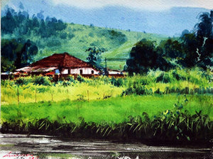 Untitled 4 (A Verdant Scene) by Azharuuddin Inamdar, Original Watercolor Landscape Painting on Paper, X-Small Horizontal Wall Art
