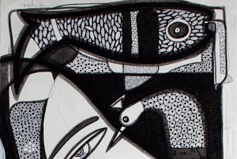 Figurative ink drawing titled 'Untitled 4', 18x34 inches, by artist Girish Adannavar on Canvas