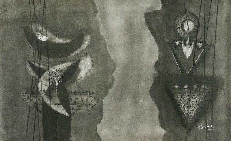 Abstract charcoal drawing titled 'Untitled 4', 14x22 inches, by artist Narendra Jatav on Paper