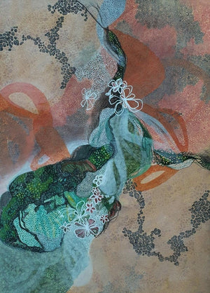 Untitled 4 (Abstract Floral Flow) by Vanchha Dixit, Original Mixed Media Abstract Painting on Paper, Small Vertical Wall Art