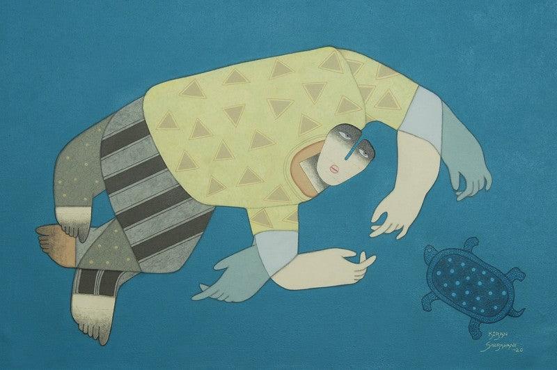 Figurative mixed media painting titled 'Untitled 4', 24x36 inches, by artist Kiran Sherkhane on Canvas