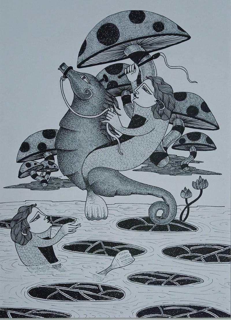Figurative ink drawing titled 'Untitled 4', 16x11 inches, by artist Chandrashekhar Kumavat on Paper