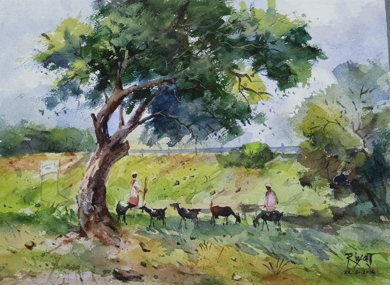 Landscape watercolor painting titled 'Untitled 4', 8x12 inches, by artist Riyaj Shikalgar on Paper