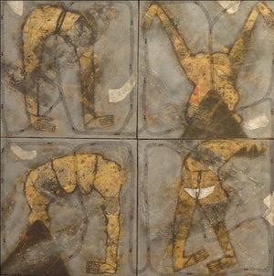 Untitled 5 (Human Motion) by Sukhendu Paul, Original Mixed Media Figurative Painting on Canvas, Medium Square Wall Art