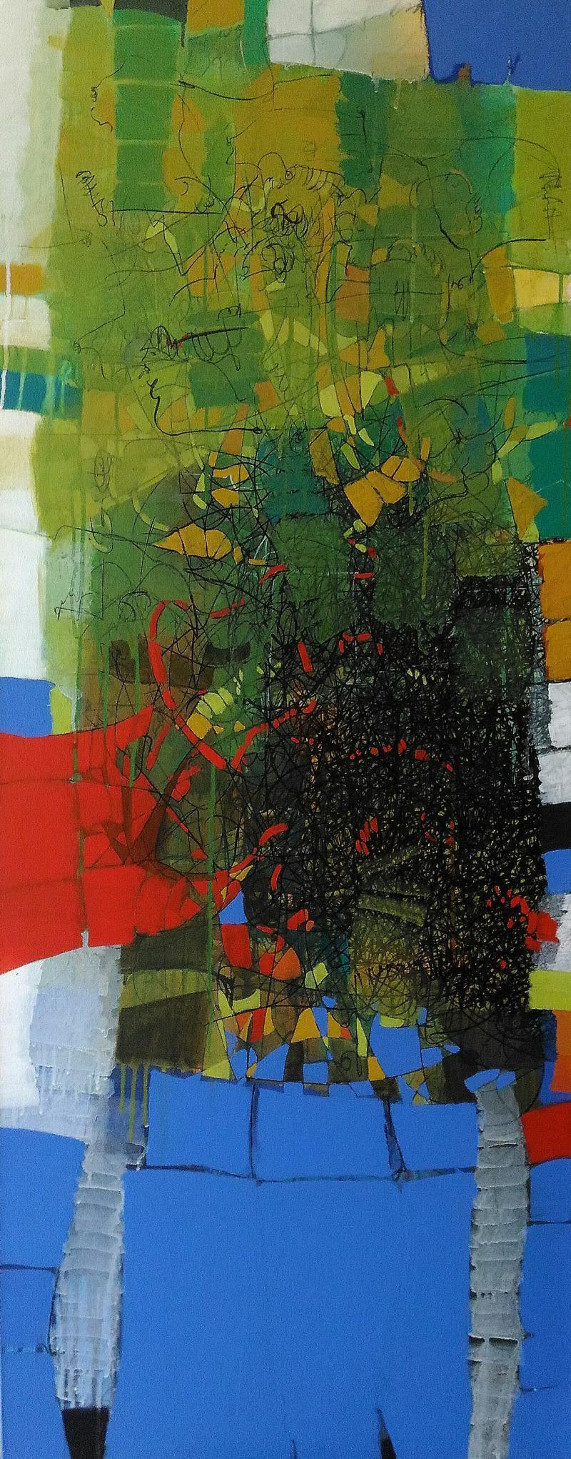 Abstract mixed media painting titled 'Untitled 5', 60x24 inches, by artist Yogesh Murkute on Canvas