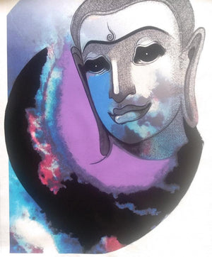 Untitled 5 (Cosmic Buddha) by Prakaash Chandwadkar, Original Mixed Media Religious Painting on Canvas, Medium Vertical Wall Art