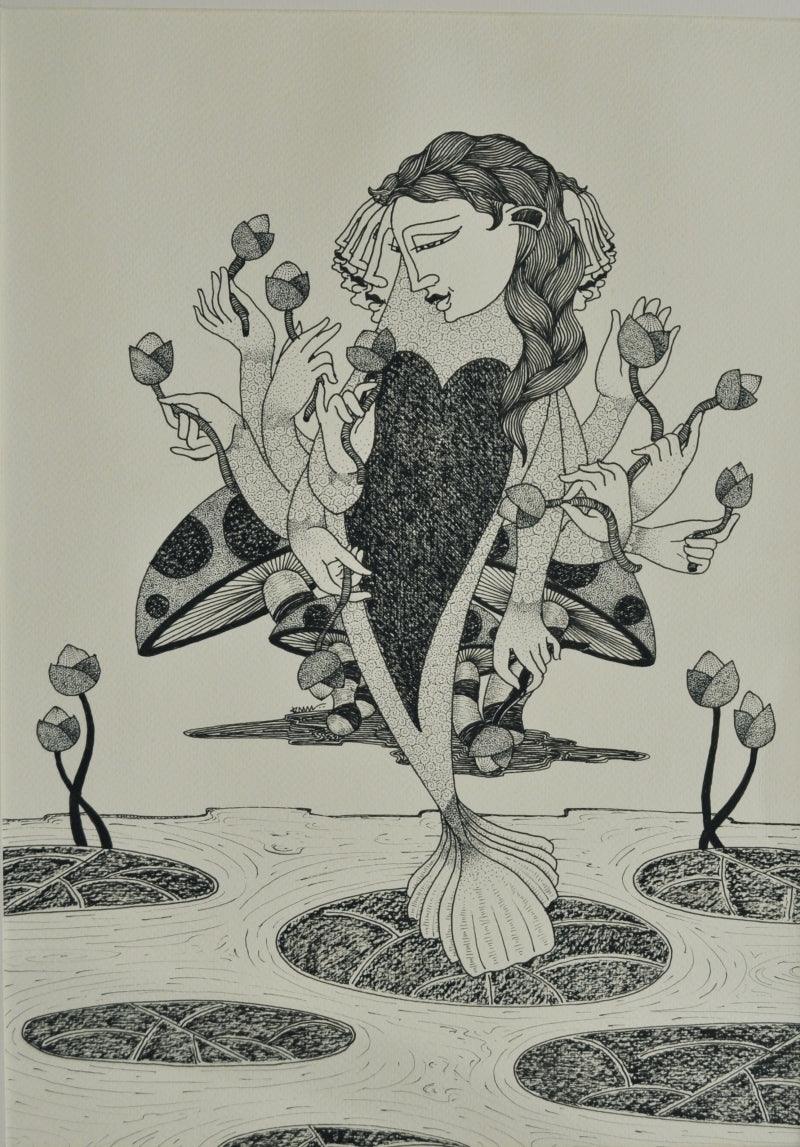 Figurative ink drawing titled 'Untitled 5', 16x11 inches, by artist Chandrashekhar Kumavat on Paper