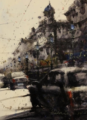 Untitled 5 (A Cloudy Afternoon) by Subrata Malakar, Original Watercolor Cityscape Painting on Paper, Small Vertical Wall Art