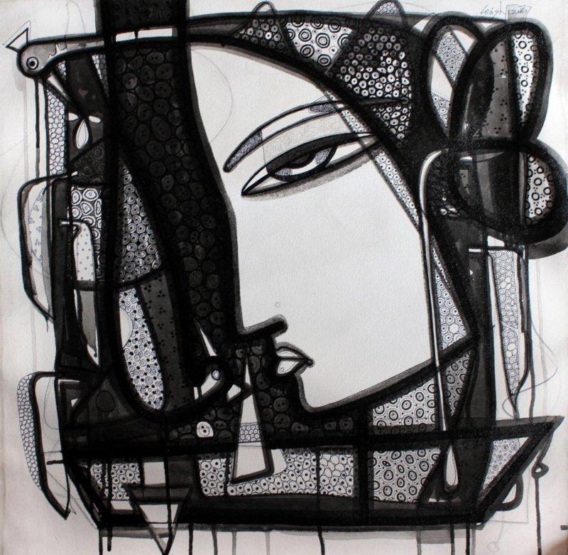 Figurative ink drawing titled 'Untitled 5', 23x23 inches, by artist Girish Adannavar on Canvas