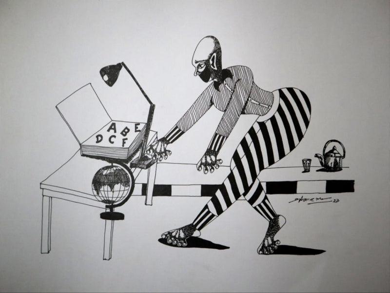 Figurative pen ink drawing titled 'Untitled 5', 13x17 inches, by artist Shrikant Ranga on Paper