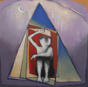 Untitled 5 (Trapped in Triangle) by Pradip Kumar Sau, Original Acrylic Figurative Painting on Canvas, Small Square Wall Art
