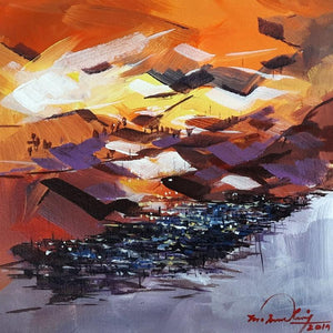 Untitled 5 (Sunset Over Village) by Solomon Rajendiran, Original Acrylic Landscape Painting on Canvas, X-Small Square Wall Art