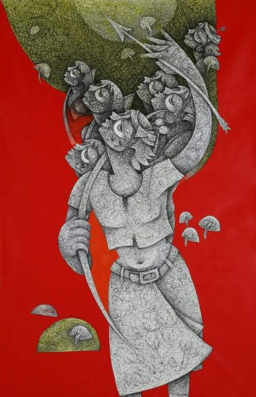 Figurative acrylic ink painting titled 'Untitled 5', 60x36 inches, by artist Mahavir  Verma on canvas