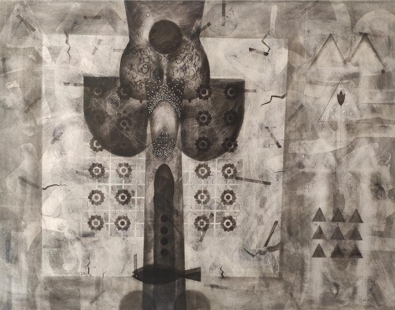 Abstract charcoal painting titled 'Untitled 50', 48x60 inches, by artist Narendra Jatav on Canvas