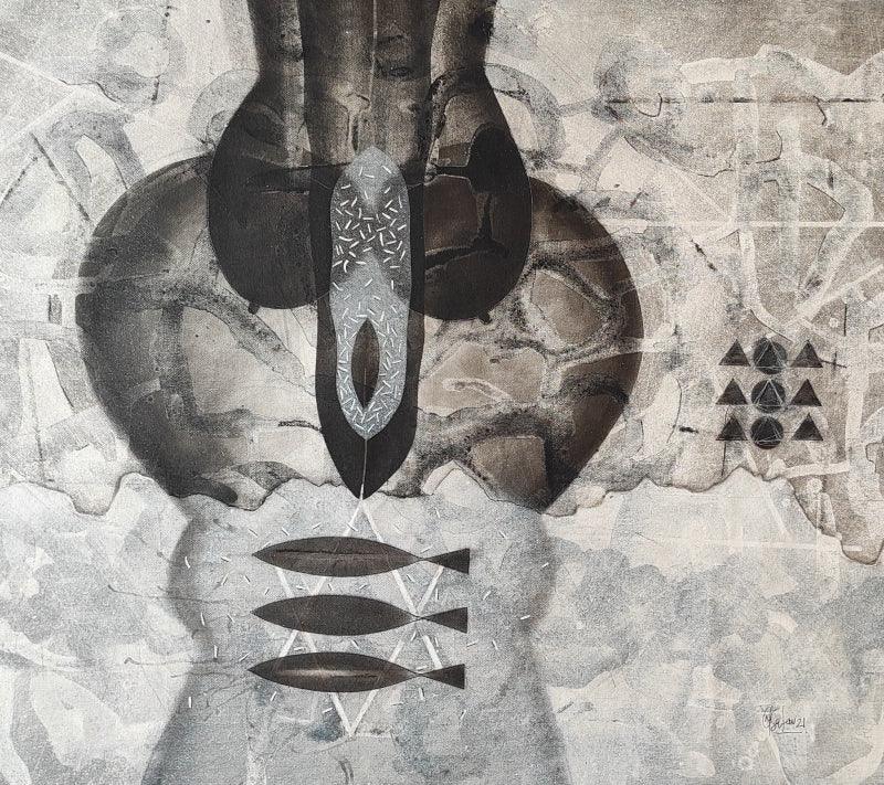 Abstract charcoal painting titled 'Untitled 50', 24x30 inches, by artist Narendra Jatav on Canvas