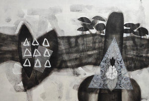 Abstract charcoal painting titled 'Untitled 52', 24x36 inches, by artist Narendra Jatav on Canvas