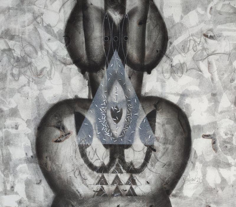 Abstract charcoal painting titled 'Untitled 54', 24x24 inches, by artist Narendra Jatav on Canvas