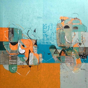 Untitled 6 (Blue and Orange Dialogue) by Vivek Nimbolkar, Original Acrylic Abstract Painting on Canvas, Small Square Wall Art