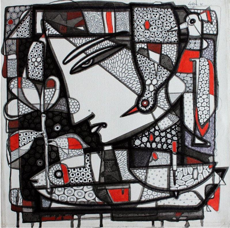Figurative ink drawing titled 'Untitled 6', 17x17 inches, by artist Girish Adannavar on Canvas