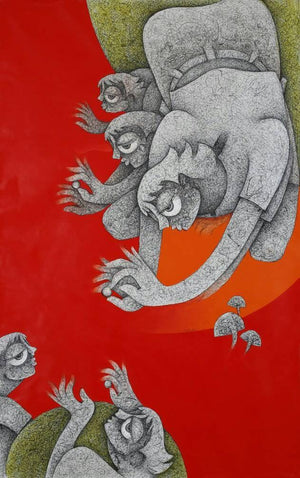 Figurative acrylic ink painting titled 'Untitled 6', 60x36 inches, by artist Mahavir  Verma on Canvas