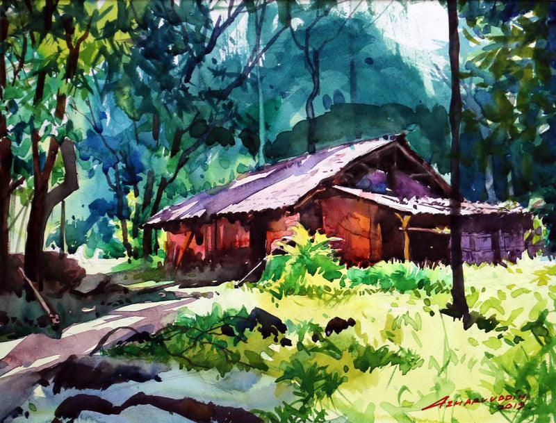Landscape watercolor painting titled 'Untitled 6', 9x12 inches, by artist Azharuuddin Inamdar on Paper