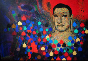 Untitled 6 (Buddha with Bodhi Leaves) by Prakaash Chandwadkar, Original Mixed Media Religious Painting on Canvas, X-Large Horizontal Wall Art