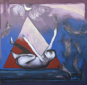 Untitled 6 (Falling Figure) by Pradip Kumar Sau, Original Acrylic Figurative Painting on Canvas, Small Square Wall Art