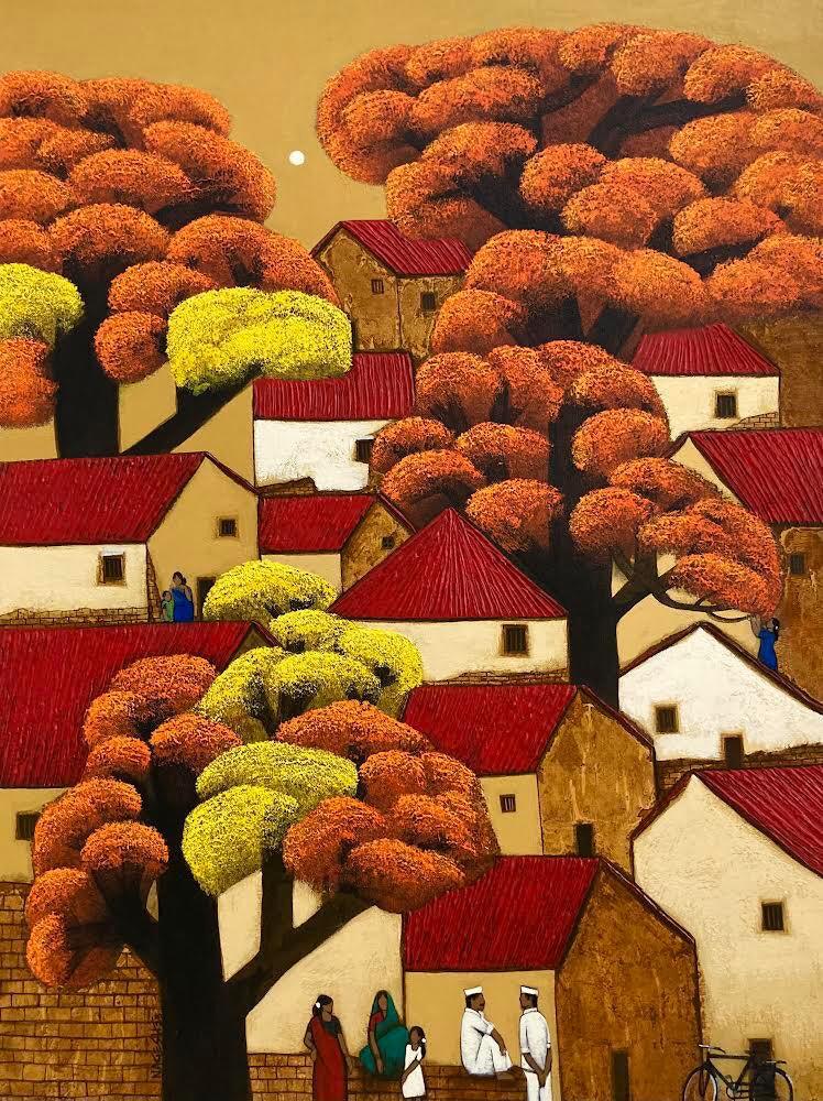 Cityscape acrylic painting titled 'Untitled 60', 40x30 inches, by artist Nagesh Ghodke on Canvas