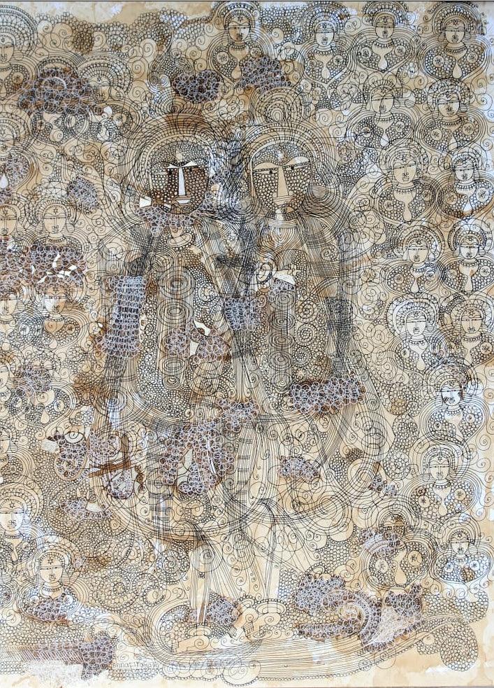 Religious mixed media painting titled 'Untitled 61', 30x22 inches, by artist Krishnaprakash Vasant Martand on Paper