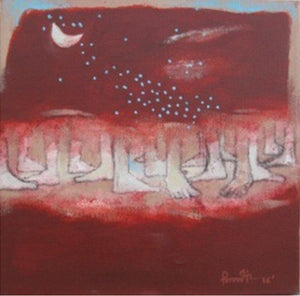 Untitled 7 (Red Acrylic Painting) by Pradip Kumar Sau, Original Acrylic Figurative Painting on Canvas, X-Small Square Wall Art