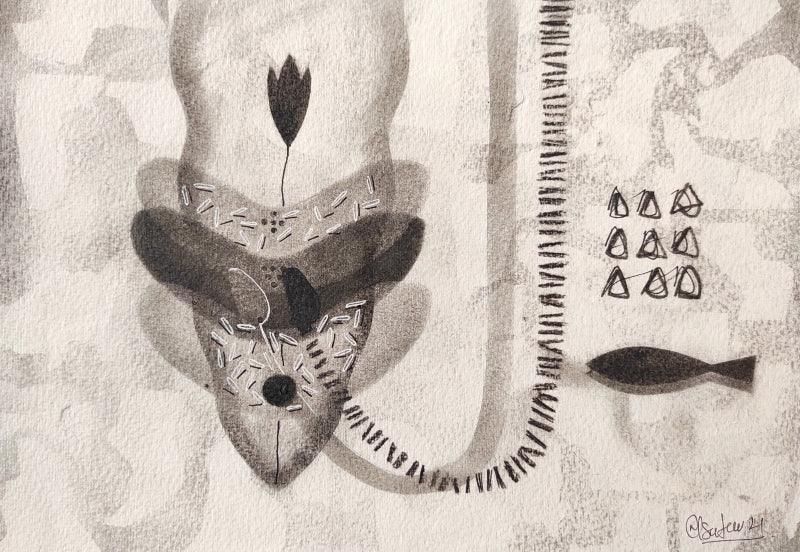 Abstract charcoal drawing titled 'Untitled 84', 8x12 inches, by artist Narendra Jatav on Paper