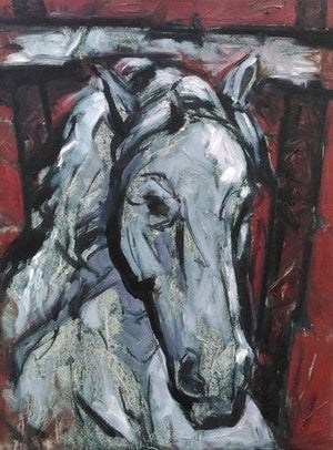 Untitled 84 (Horse Portrait) by Santoshkumar Patil, Original Acrylic Animal Painting on Canvas, Small Vertical Wall Art