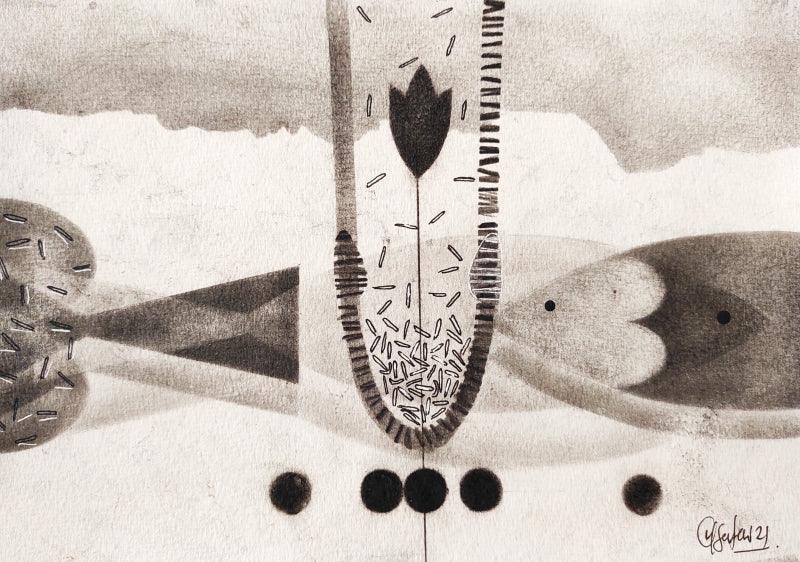 Abstract charcoal drawing titled 'Untitled 86', 8x12 inches, by artist Narendra Jatav on Paper