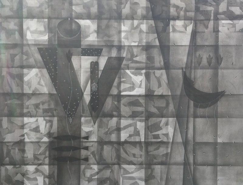 Abstract mixed media drawing titled 'Untitled 9', 48x60 inches, by artist Narendra Jatav on Canvas