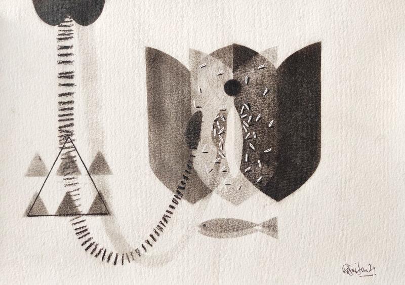 Abstract charcoal drawing titled 'Untitled 90', 8x12 inches, by artist Narendra Jatav on Paper