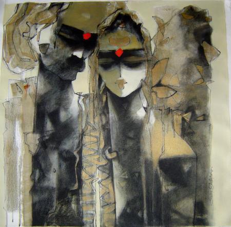 Figurative mixed media painting titled 'Untitled', 30x30 inches, by artist Sachin Jaltare on Canvas