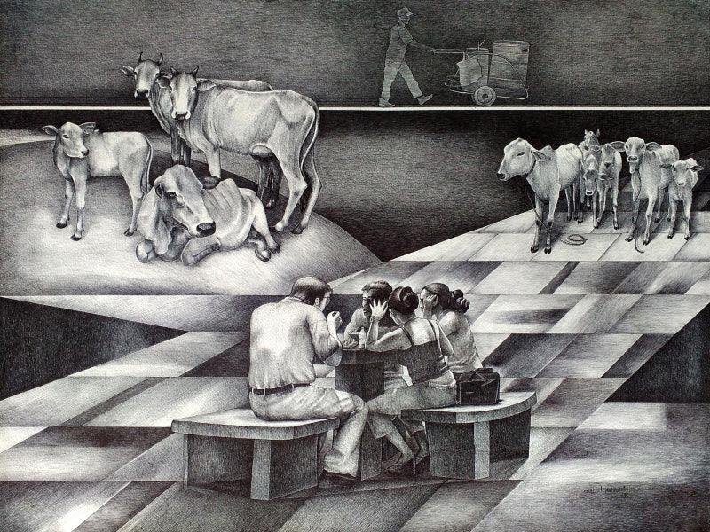 Figurative ink drawing titled 'Untitled', 24x30 inches, by artist Satish Multhalli on Canson Paper