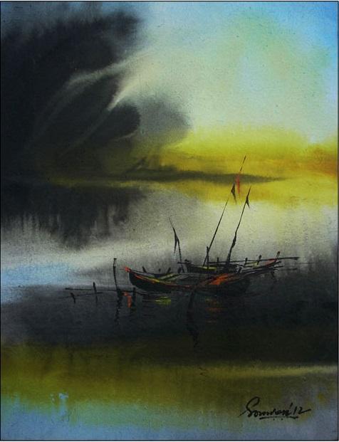 Seascape acrylic painting titled 'Untitled', 12x16 inches, by artist Soumen Saha on Paper