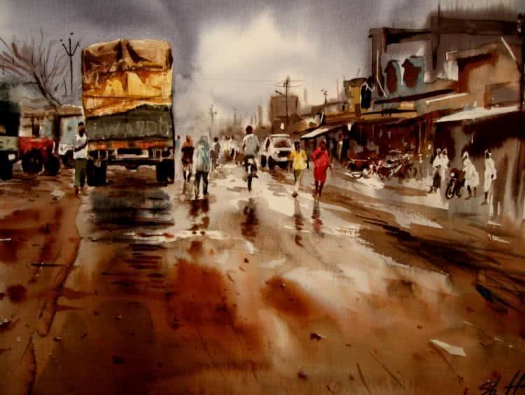Cityscape watercolor painting titled 'Untitled', 30x38 inches, by artist Hamlet Shougrakpam on Paper