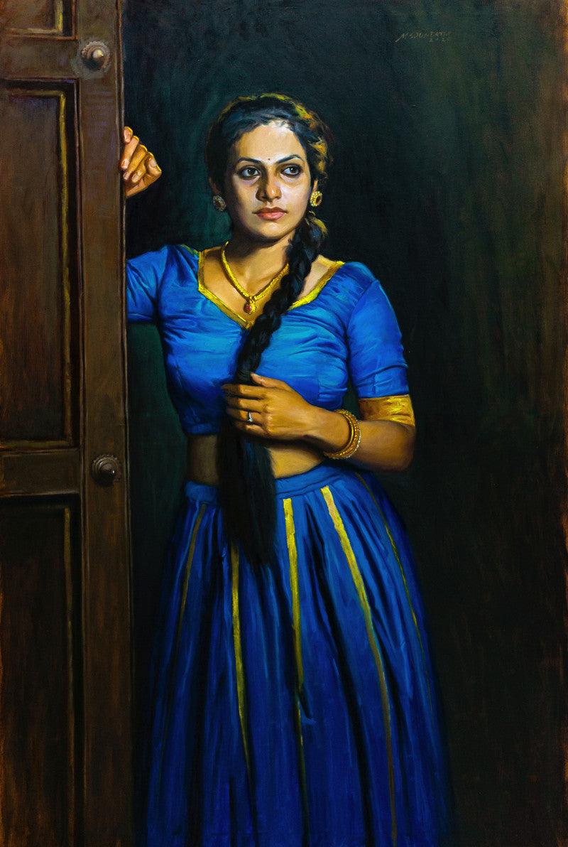Figurative oil painting titled 'Untitled', 45x34 inches, by artist Mahesh Soundatte on Linen
