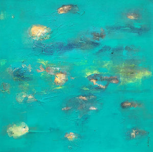 Untitled (Celestial Waters) by Dhananjoy Das, Original Mixed Media Abstract Painting on Canvas, Small Square Wall Art