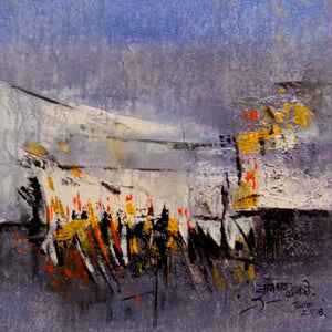 Untitled (Abstract Village) by Dnyaneshwar Dhavale, Original Canvas Abstract Painting on Canvas, Small Horizontal Wall Art