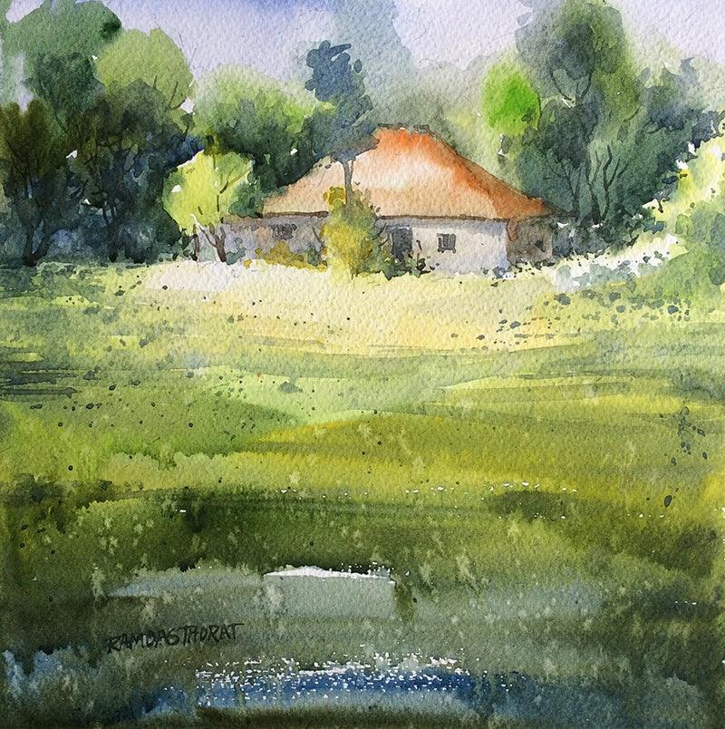 Landscape watercolor painting titled 'Untitled', 12x12 inches, by artist Ramdas Thorat on Paper
