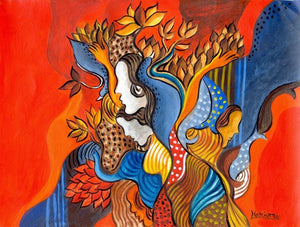 Untitled (Woman in Bloom) by Hariom Kuthwaria, Original Acrylic Contemporary Painting on Paper, X-Small Horizontal Wall Art