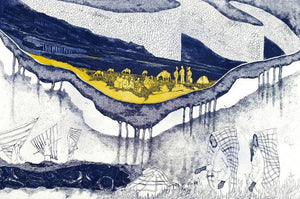Untitled (Caravans Rest) by Sudeep Kumar Bashyal, Original Mixed Media Abstract Painting on Paper, Small Horizontal Wall Art