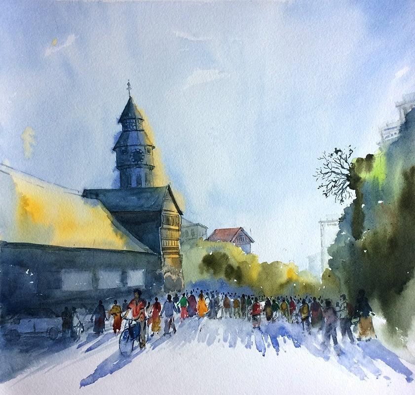 Cityscape watercolor painting titled 'Untitled', 15x15 inches, by artist Ramdas Thorat on Paper