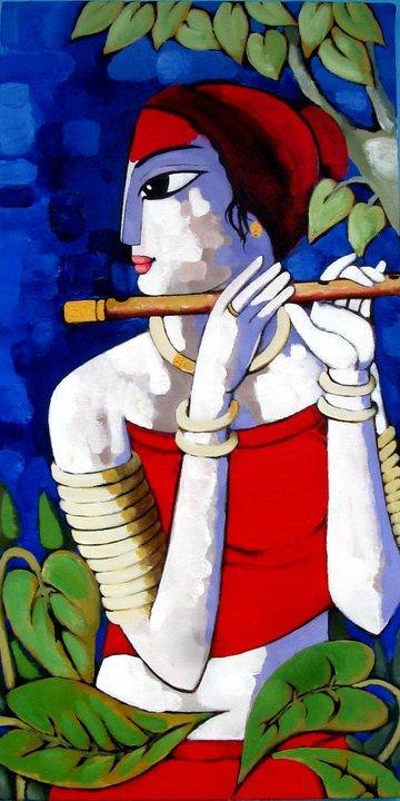 Cubist acrylic painting titled 'Untitled', 24x48 inches, by artist Sekhar Roy on Canvas